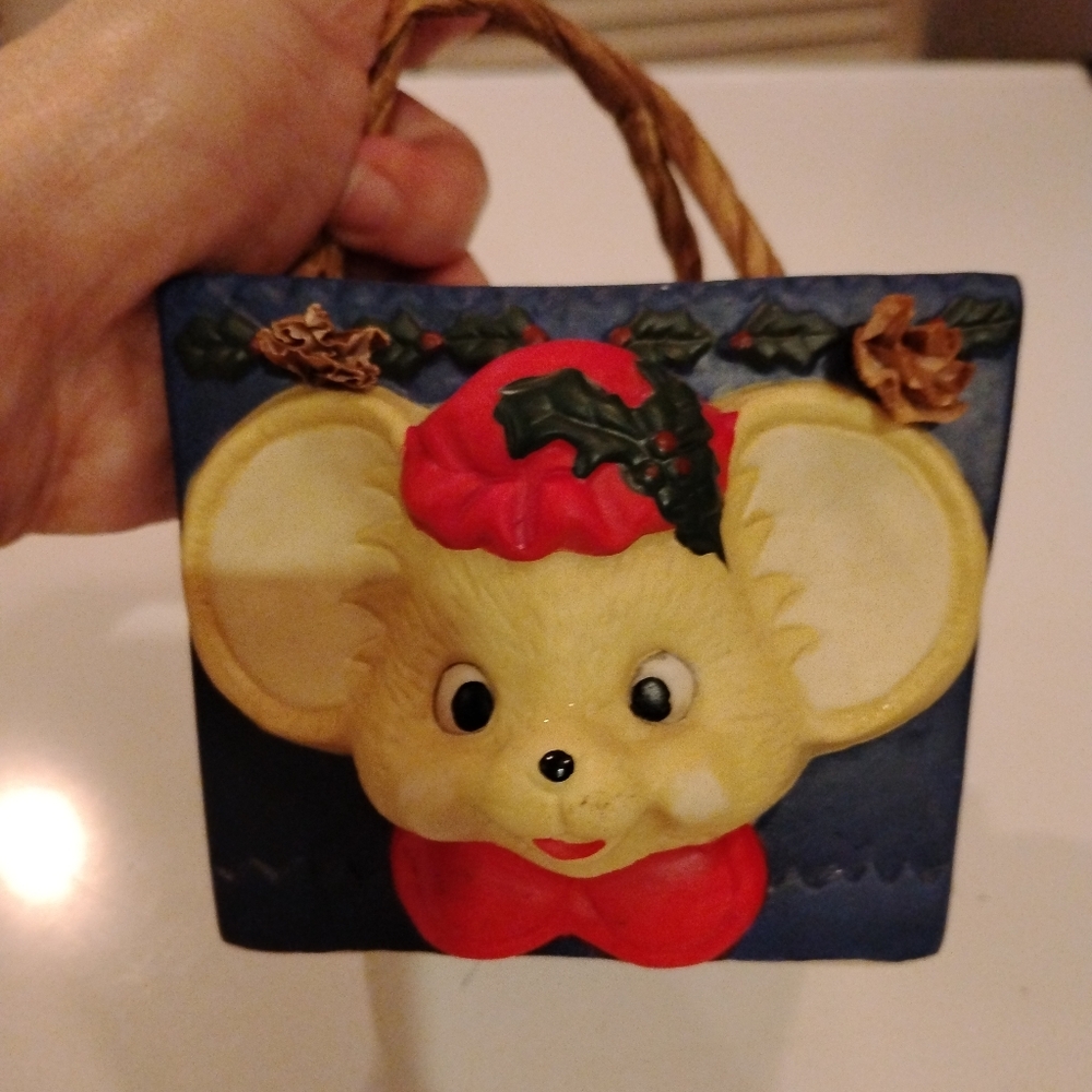 Blue Ceramic Gift Basket 2 Disney Mice Faces In Santa Hats Paper Cords Handles